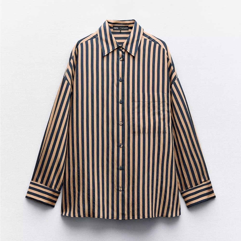 Zara Oversized Blue and Taupe Casual Button Down Shirt - NWT!